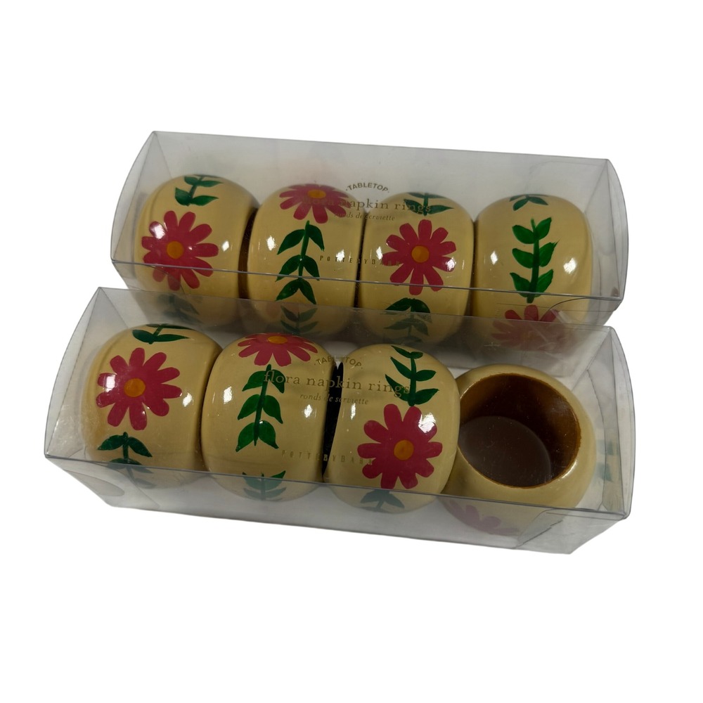 New Pottery Barn Mango Wood Floral Painted Napkin Rings Two Sets of 4 Spring!